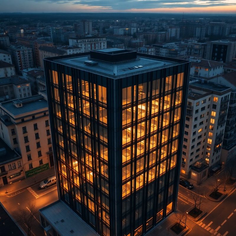 Vedere aeriană a unei clădiri comerciale moderne la apus, tonuri charcoal și aur