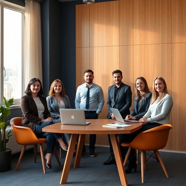 Echipa ConsultFusion — șase specialiști într-un interior modern de birou din Iași